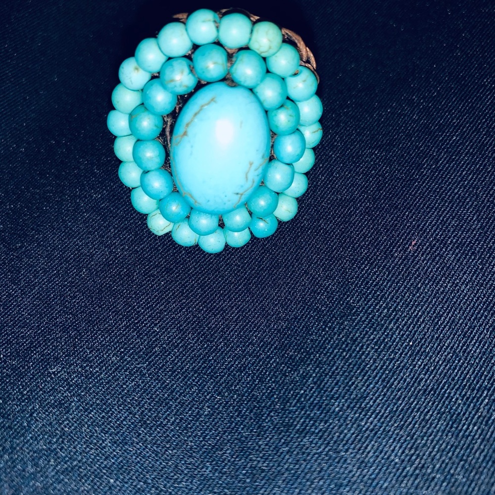 Turquoise Beaded Ring on Brown Leather Band